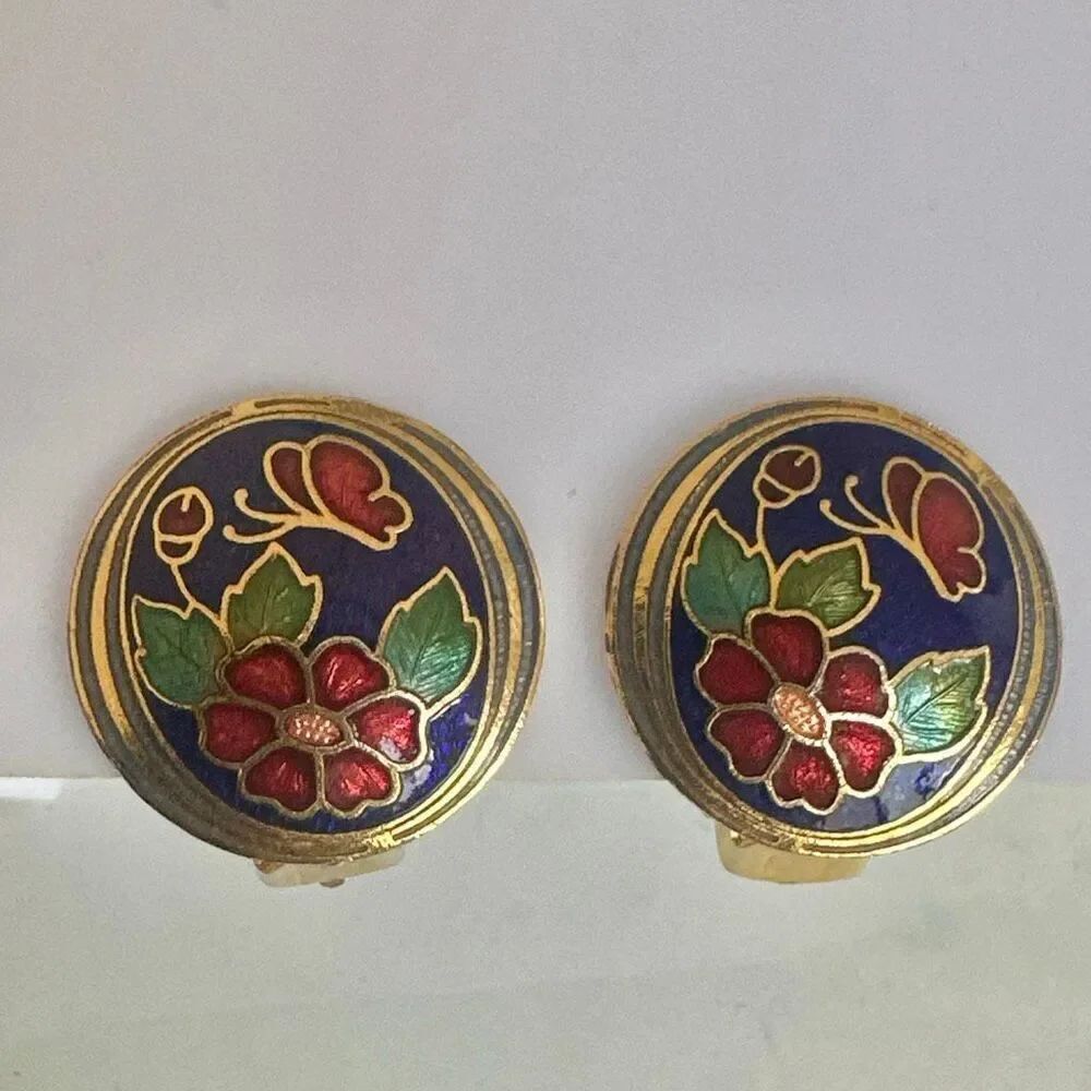 Vintage Cloisonné Floral Butterfly Enamel Clip-On Earrings